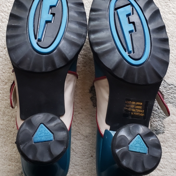 Fluevog Mary Janes Teal and Cream Heels - Picture 2 of 6